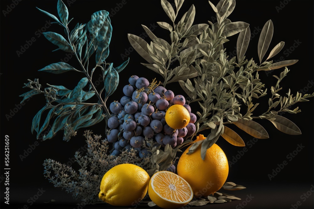 Aufkleber a still life of fruit and leaves on a black background with a black background behind it is a black 