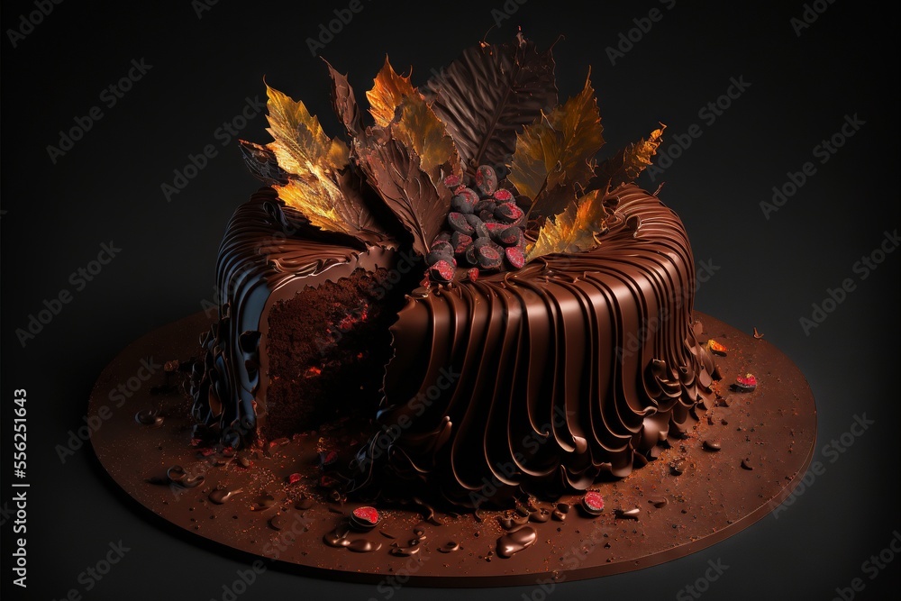 Aufkleber a chocolate cake with leaves and chocolate chips on a plate with a slice missing from it and a piece