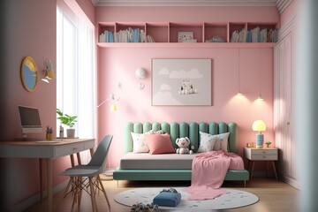 children’s bedroom,bed, long sofa-chair, sofa long, study table, pink pastel wall , natural lighting