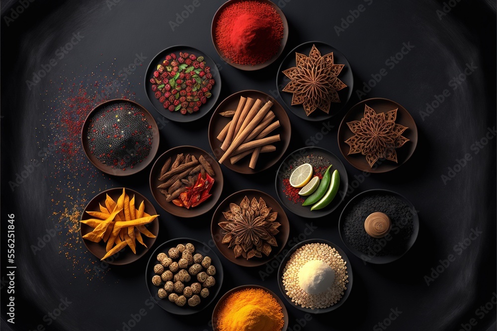 Poster a variety of spices and condiments arranged in a circle on a black surface with a black background.,