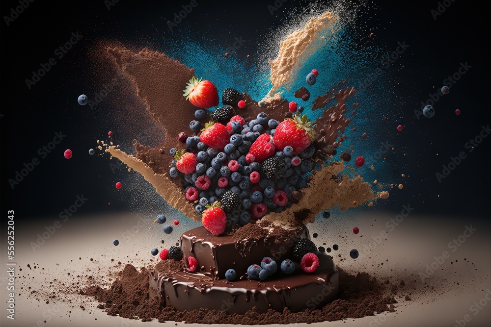 Poster a chocolate cake with berries and other toppings on top of it., generative ai