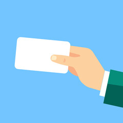 Hand business card icon flat web sign symbol logo label set.Two men's hands are holding business cards. Template flat illustration of businessman's hands and blank cards. Vector isolated on white back