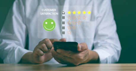 service and satisfaction survey concept, Customers rate their satisfaction with the service provided on the smartphone application, Rating satisfaction five stars.