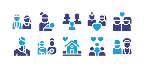 Family icon set. Vector illustration. Containing couple, mother, family, father, parents, granddaughter, home, people