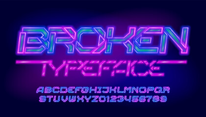 Broken alphabet font. Neon colorful letters and numbers. Stock vector typeface for your design.