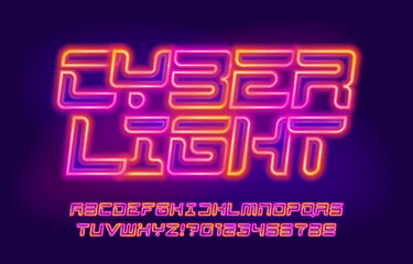 Cyber Light alphabet font. Neon colors futuristic letters and numbers. Stock vector typeface for your design.