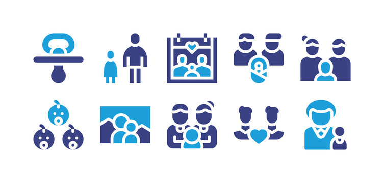 Family icon set. Vector illustration. Containing pacifier, dad, family, adoptive parents, baby, photo, gay, father