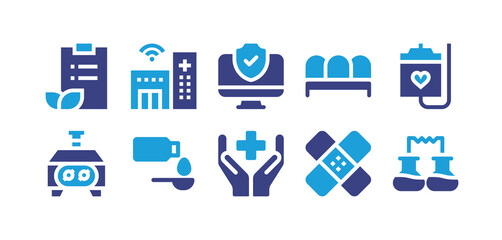 Hospital icon set. Vector illustration. Containing health report, hospital, monitor, chairs, chemotherapy, centrifuge, medicine, medical cross, band aid, electrode