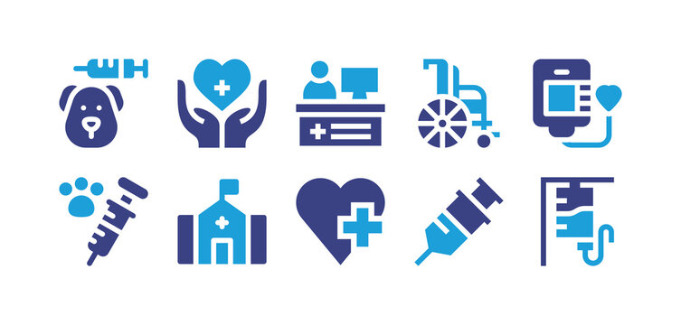 Hospital icon set. Vector illustration. Containing dog, healthcare, reception desk, wheelchair, blood donation, animal vaccination, clinic, health care, syringe, blood transfusion