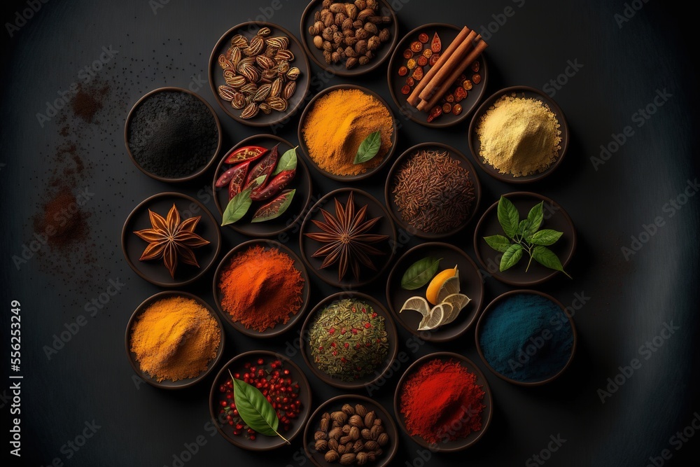 Poster a group of bowls filled with different types of spices and herbs on a table top with spices and spic