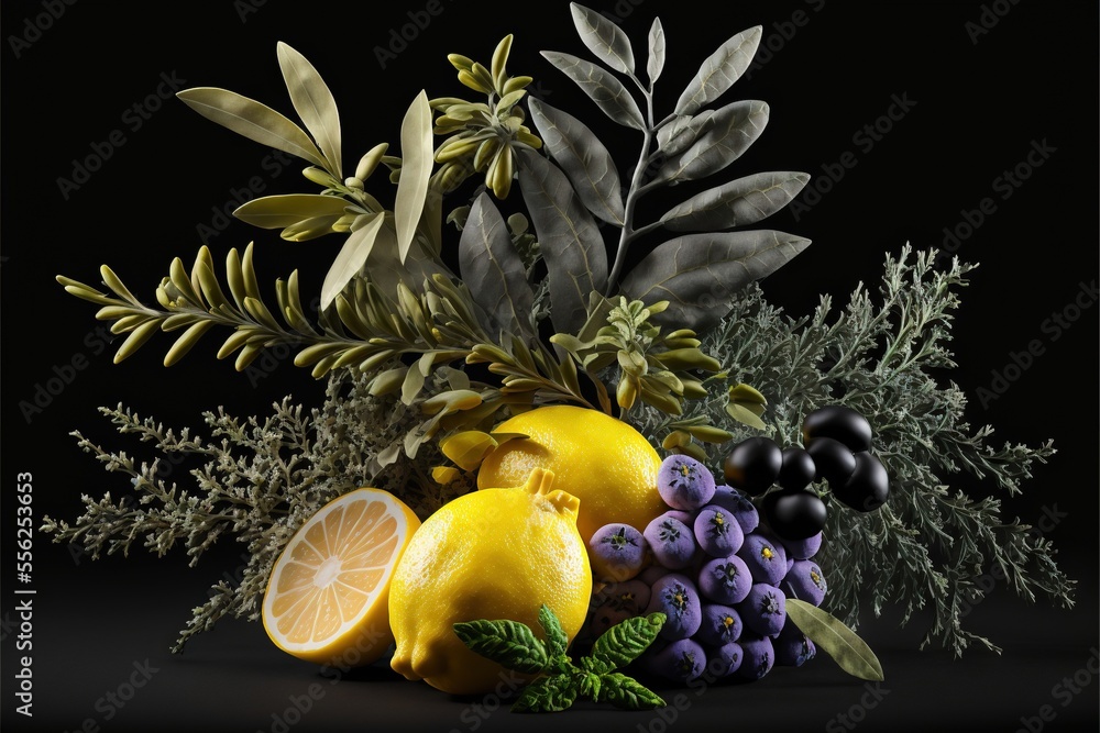 Poster a bunch of fruit and leaves on a black background with a black background and a black background wit