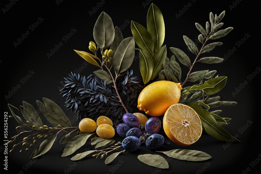 Aufkleber a painting of a bunch of fruit and leaves on a black background with a black background behind it an