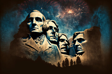 Happy 4th of July with the Mount Rushmore. Fireworks. Generative AI.