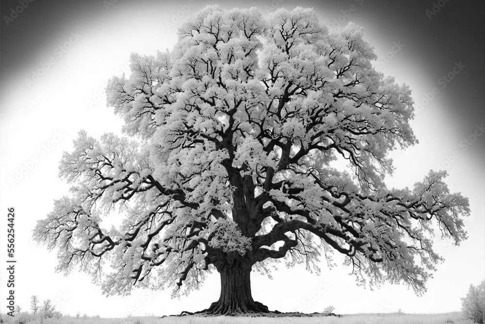 Poster a large tree with a lot of leaves on it's branches in a field with a sky background., generative ai