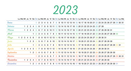 Colorful calendar for 2023 in Spanish