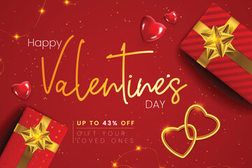 Happy valentines day sale banner with decorated gift boxes, 3D hearts, golden linked hearts.