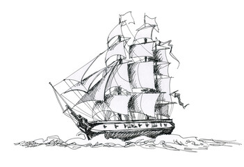 Sailboat sails on the sea with full sails. Ink drawing.