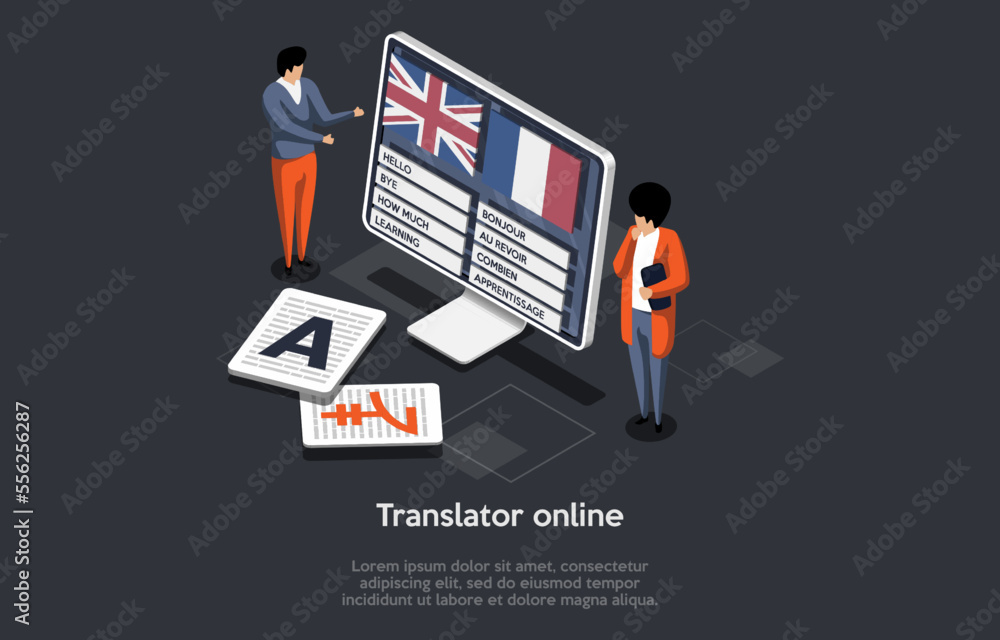 Poster multilingual translator app, characters learn foreign language online. people using mobile applicati