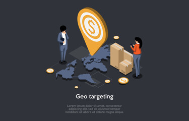 Geotargeting, Online Advertising And Internet Television Concept. Man And Woman Using Method of Delivering Different Content to Visitors Based On Their Geolocation. Isometric 3d Vector Illustration