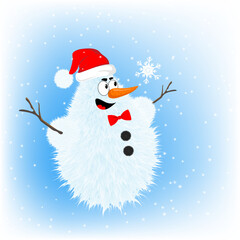 Naklejka na ściany i meble Funny snowman with a bow tie looks at a snowflake.