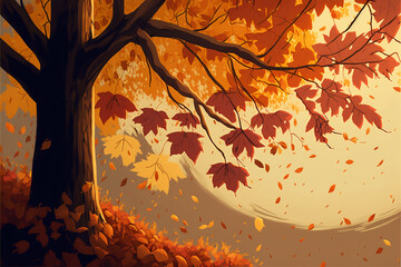 Fall background with trees and leaves in the countryside. Generative AI.