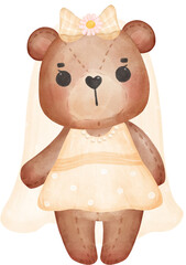 Cute teddy bear girl in bride wedding theme cartoon character watercolour 