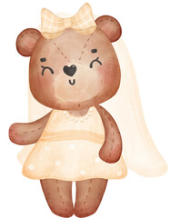 Cute sweet wedding bride teddy bear lady cartoon character watercolour 