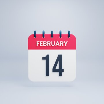 February Realistic Calendar Icon 3D Illustration Date February 14