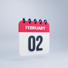 February Realistic Calendar Icon 3D Illustration Date February 02