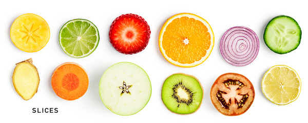 Fruit and vegetable slice collection on white background.