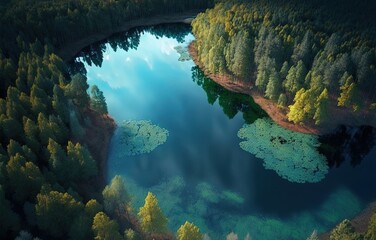 illustration of nature lake inside deep forest with crystal water surface