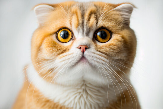 Close up photo of a beautiful furry cute orange crossbreed Scottish Fold cat looking to camera on white background, studio photography.