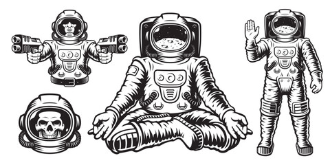 Astronaut vector graphics set with isolated elements on white background such as skeleton astronaut with guns, skull astronaut, lotus position astronaut and astronaut