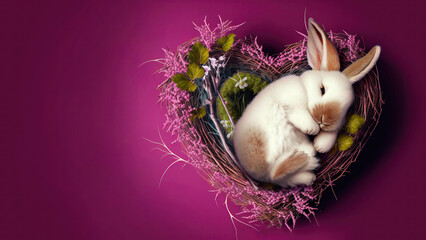 Love Bites, a Bunny Finds Comfort and Romance in a Heart-Shaped Nest on Valentine's Day. Horizontal view, template for your inscription.