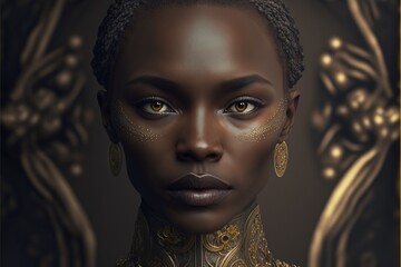 Afroamerikanische Frau mit abstraktem Outfit im Porträt Nahaufnahme, ai generativ