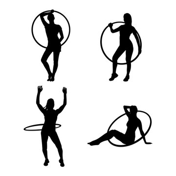 Set of silhouettes of hula hoops dance