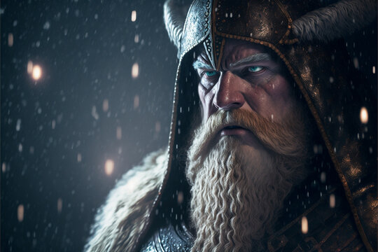 Viking in armor and horned helmet. Medieval warrior in armor. Scandinavian man. created with ai