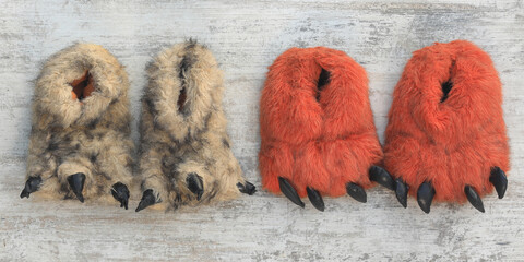 slippers with claws on wooden background