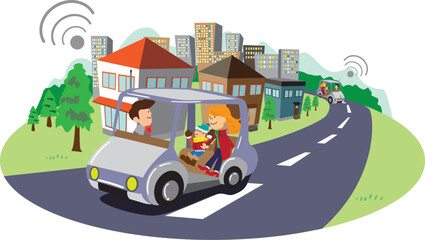 Obraz na płótnie Canvas 自動運転車が走る緑豊かな都市近郊のまちのイラスト