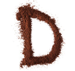 Ground coffee in shape letter D isolated on white, clipping path