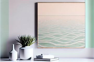 Modern painting hanging on pastel color wall in room
