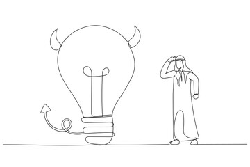 Drawing of arab businessman looking at devil lightbulb doubting it bad idea. Stupid mistake or poor idea. Single continuous line art style