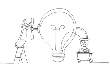 Cartoon of arab businessman open lightbulb idea faucet to earn money coins. Idea to make money. One line art style