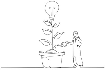 Drawing of arab businessman watering growing tree with lightbulb. People working together. Continuous line art