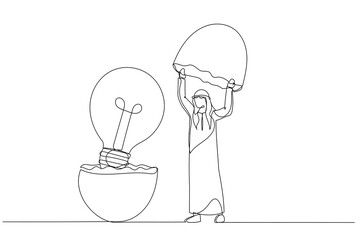 Cartoon of arab businessman entrepreneur discover hatching egg with lightbulb idea inside. New creative idea. One continuous line art style