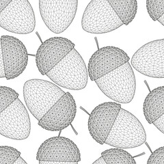 Seamless texture with nuts from black lines isolated on a white background. Texture with wireframe acorns. 3D. Vector illustration.