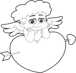 Outlined Chibi Cupid Baby Cartoon Character Leaning On Heart. Vector Hand Drawn Illustration Isolated On Transparent Background