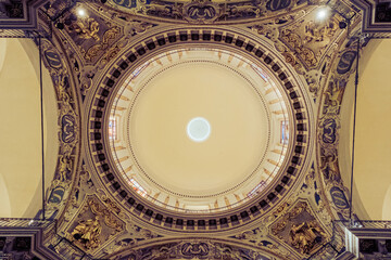 Ornate cathedral dome, up view, church interior, famous place, Nice, France.
