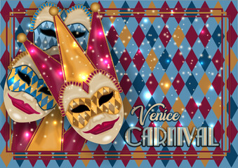 Traditional Venice mask Joker , invitation  card in art deco style , vector 