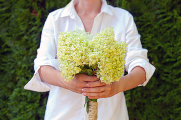 woman holding white hydrangea hortensia bouquet. young lady flowers. outdoors in summer. good mood